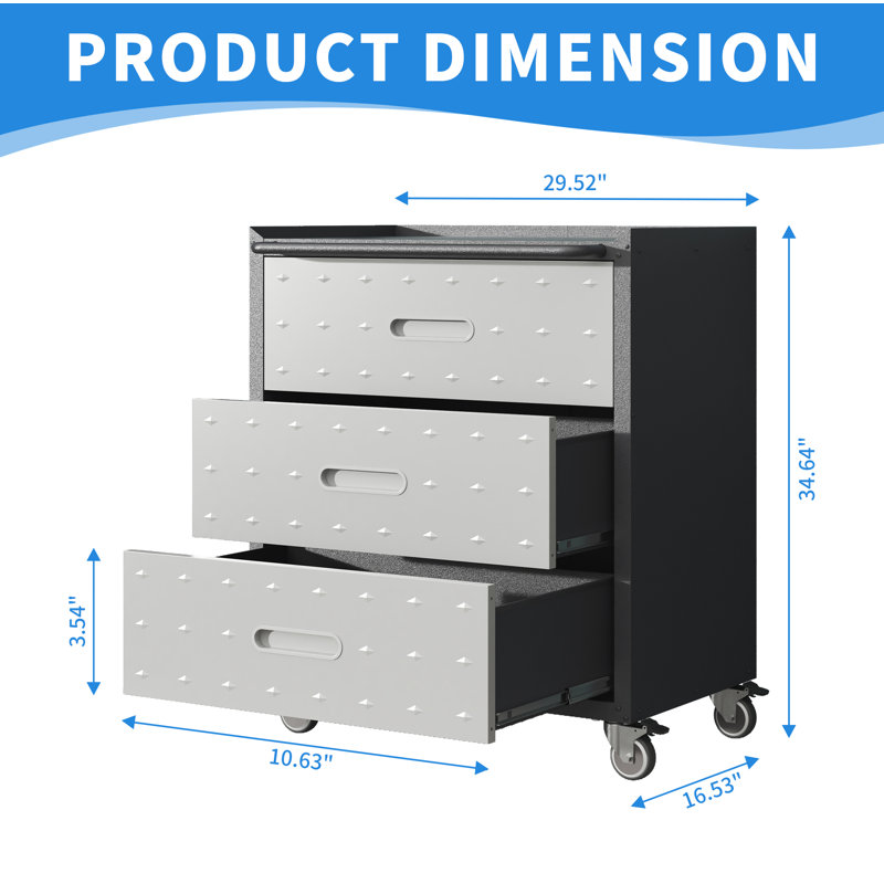 Armoire de rangement mobile à 3 tiroirs sur roulettes, organisateur de garage roulant avec tiroirs profonds Mak l'air, Gris