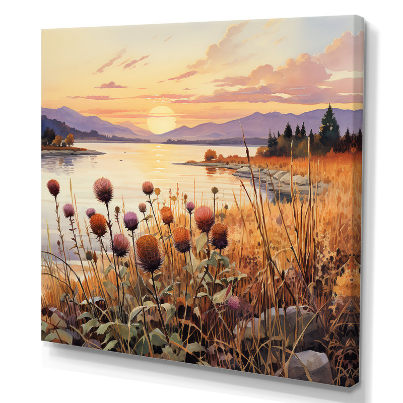 Été coucher de soleil Thistle Meadow - chardon, art mural, H 36 po x l 36 po