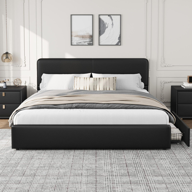 King Platform Bed Frame with Upholstered Headboard & Storage Drawers - Faux Leather, No Box Spring Required, 60-Minute Assembly, Modern Bedroom Set