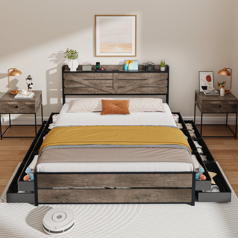  Modern Bed Frame with 12 Drawers and Open Storage Headboard,Charging Station,No Box Spring Needed, King, Oak