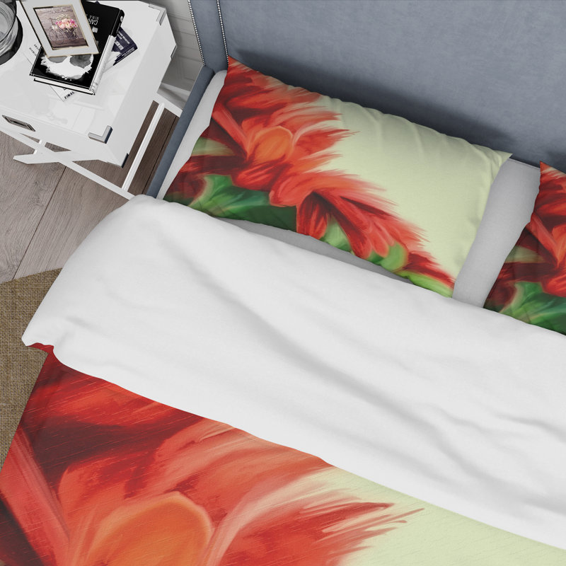 Floral rouge sur vert - ensemble de housse de couette traditionnel - microfibre de polyester