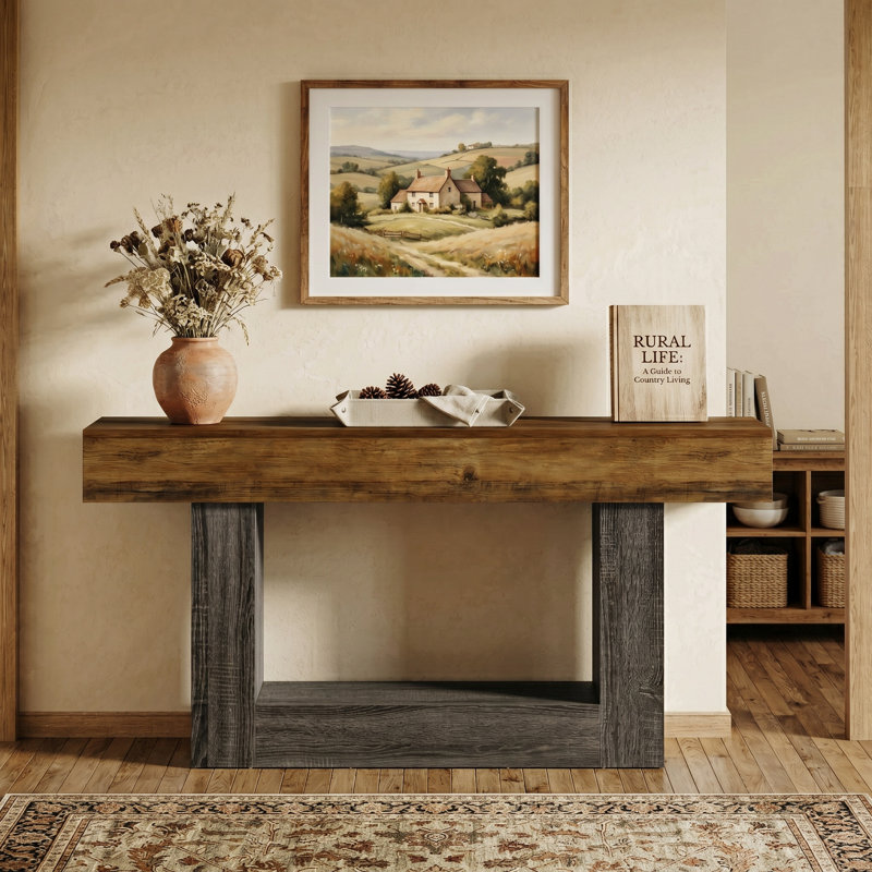 63" Farmhouse Console Table With 2-Tier Shelves, Entryway Table with U-Shaped Base, Narrow Long Sofa Table for Hallway, Foyer