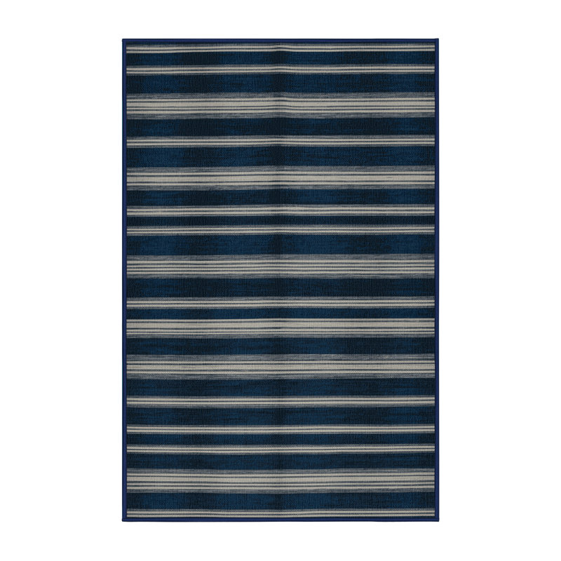 Washable Indigo Light Gray Striped Area Rug, Rectangle 2' x 3'