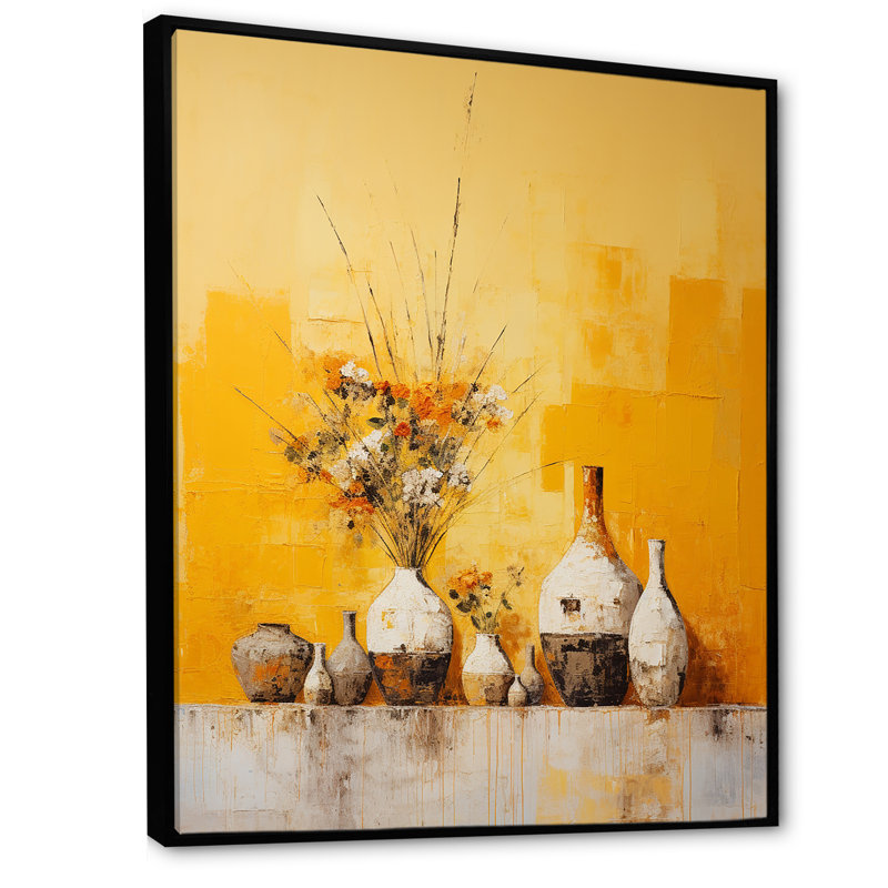 Minimalisme jaune blanc Poteries I sur toile, Cadre flottant noir, H 40 po x l 30 po