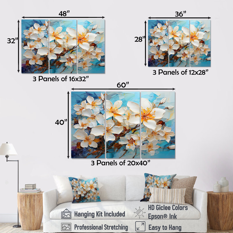 «Plumeria Blossom I», ensemble de reproduction d'art mural beige et blanc, H 32 po x l 48 po x P 1 po