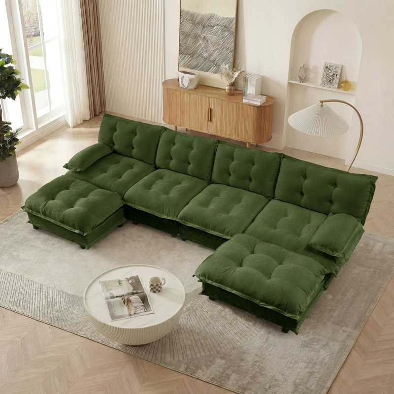 138" U Shaped Modern Sofa Modular Sectional Cloud Couch with  2 Ottomans, 4-Seat Chenille Deep Seat Sofa with Comfy Lattice Decored Seat Cushion, Bedroom and Apartment, Orange
