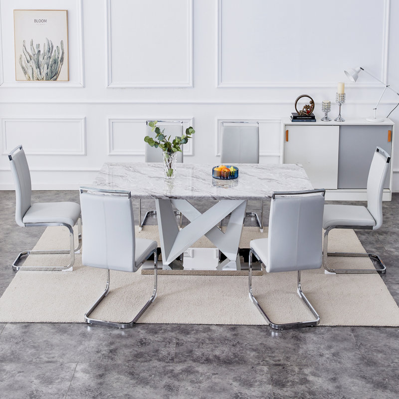 Rectangular 70.87'' L x 39.37'' W Dining Table,Dining room table,Faux Marble Dining Table with V-Shaped Supports and Metal Base - Spacious