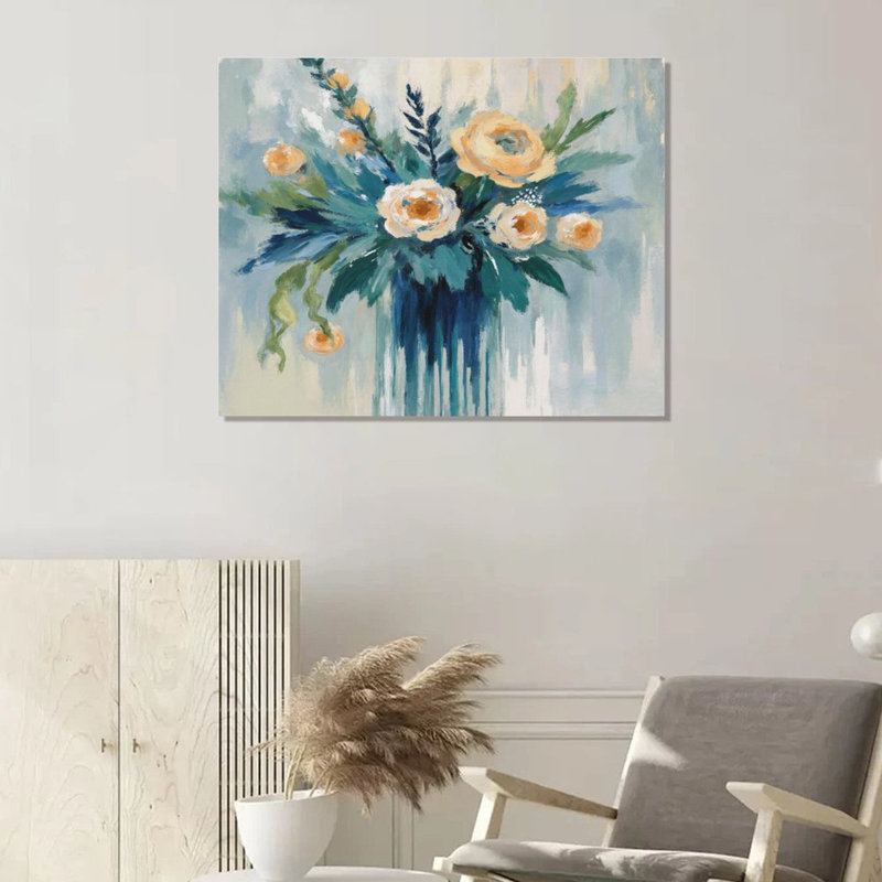 Abstrait bouquet floral jaune et blanc, cadre en bois intégré, art mural, 16 x 20