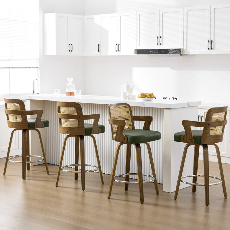 26.77" Upholstered Cane Back Counter & Bar Stool With Armrest, Green