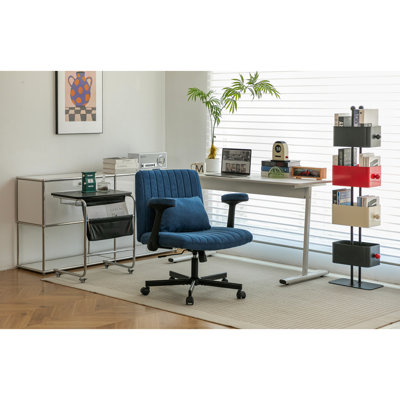 Chaise de bureau moderne en lin bleu avec design ergonomique, hauteur réglable, pivotant sur 360 °, lin respirant, coussin de dossier supplémentaire, siège, roulettes en aluminium