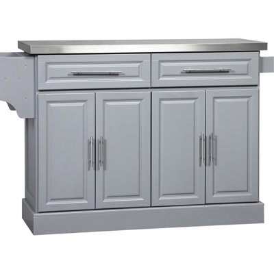 Portable Kitchen Island Table , Gray, Stainless Steel Surface, 2 Drawers, Cabinets, Spice & , Towel Rack Worksurface,