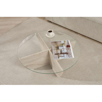 Modern Coffee Table with Tempered Glass Top, 35.4 x 11.8 x 35.4 inches | Elegant Travertine Color with 100% Melamine Coated Particle Board Frame, Thickness: 0.7 inches | Stylish Addition for Living Room & Contemporary Spaces