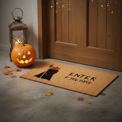 Tapis de porte d'extérieur en fibre de coco naturelle et brune, 43 x 74 cm, motif Halloween.