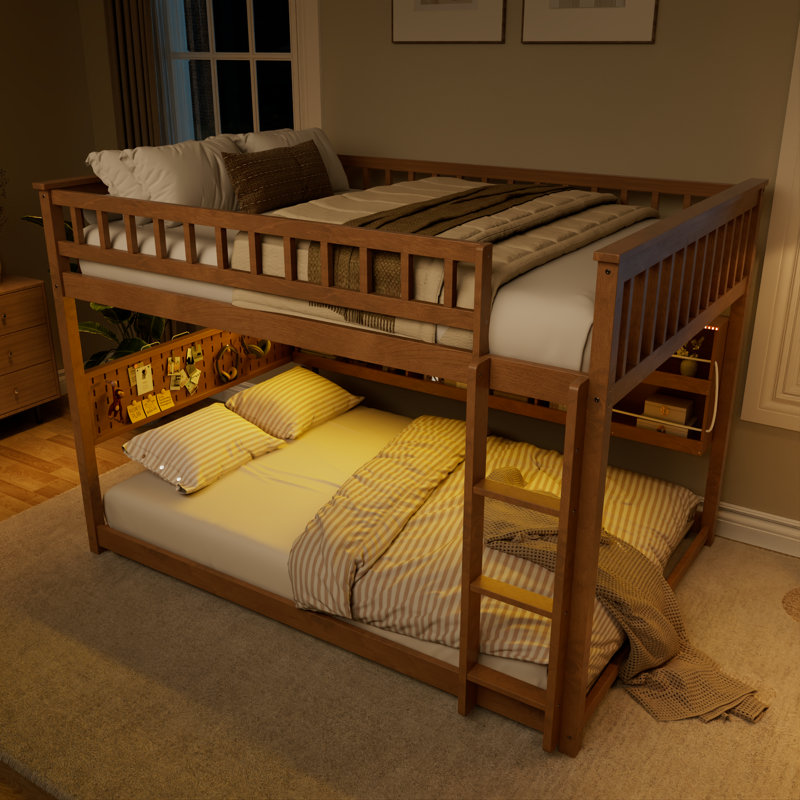 Full over Full Bunk Bed with Storage Shelf, Color-Changing Lights & Pegboard for Teens and Adults, Brown, Full Over Full