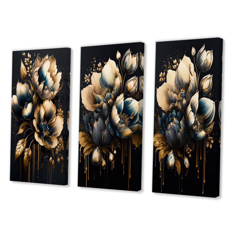 «Blue And Gold Tulips», 3 pièces sur toile, H 20 po x l 36 po, Toile tendue