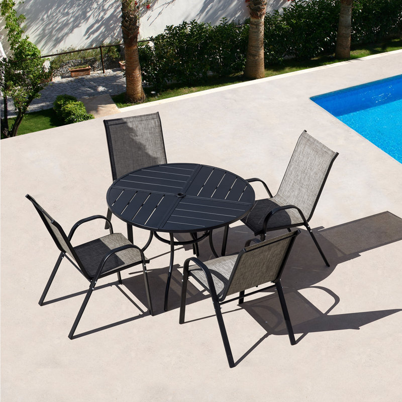  5- Piece Patio Dining Set With 41.4″ Round Dining Table & 4 Stackable PVC-coated polyester Patio Chairs For Garden Poolside Backyard Patio