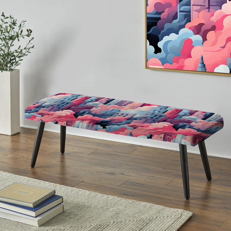 Motif de paysage urbain bleu et rose - Banc noir rembourré abstrait