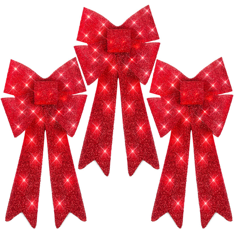 Set Of 3 Pre-Lit Christmas Bows, Indoor/Outdoor LED Holiday Decor W/ 8 Light Functions - Red