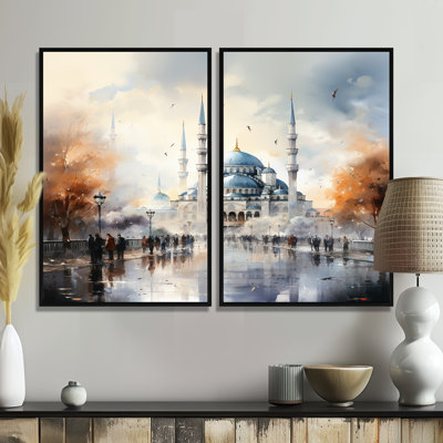 Blue Turkish Mosque Islam Serenity II - Beige Traditional Wall Art 2-Pieces
