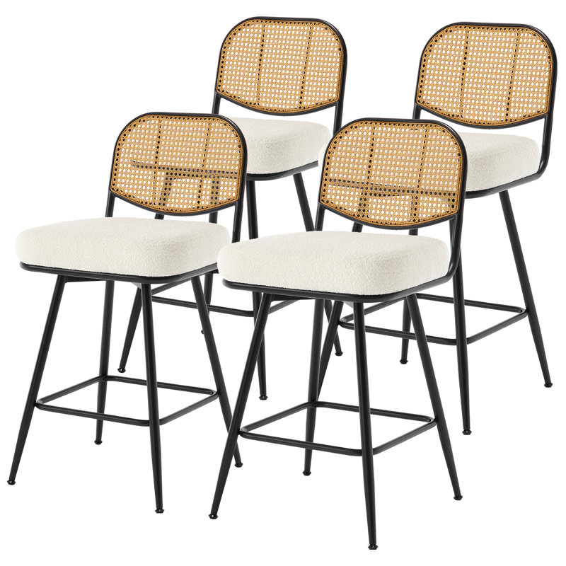 Upholstered Swivel Counter Stool With Rattan Backrest, Counter Stool (26” Seat Height), White