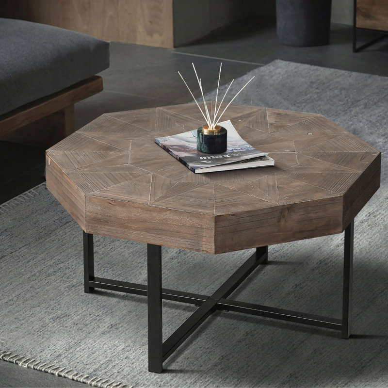 Wood Octagonal Vintage Patchwork Craft Farmhouse Coffee Table For Living Room, Brown