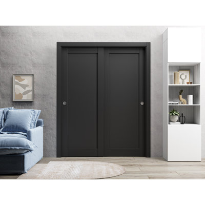 Sliding Closet Bypass Doors | Quadro 4111 Matte Black | Sturdy Rails Moldings Trims Hardware Set