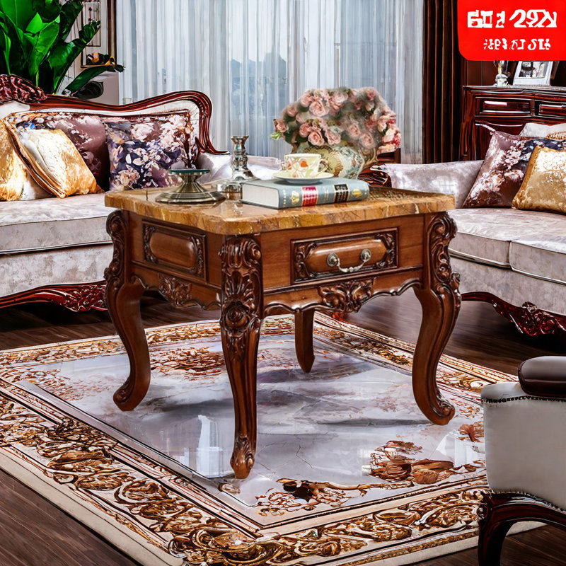 table de bout à tiroir en marbre et bois massif, H 22,83 po x L 27,56 po x l 27,56 po