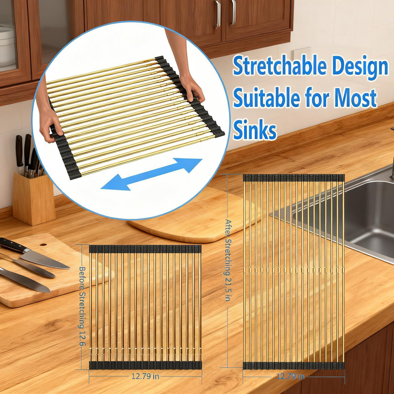 Roll Up Dish Drainer Rack, Heat-Resistant Collapsible Over The Sink Drying Rack With Non-Slip Silicone Coating For Kitchen Sink Space Saving