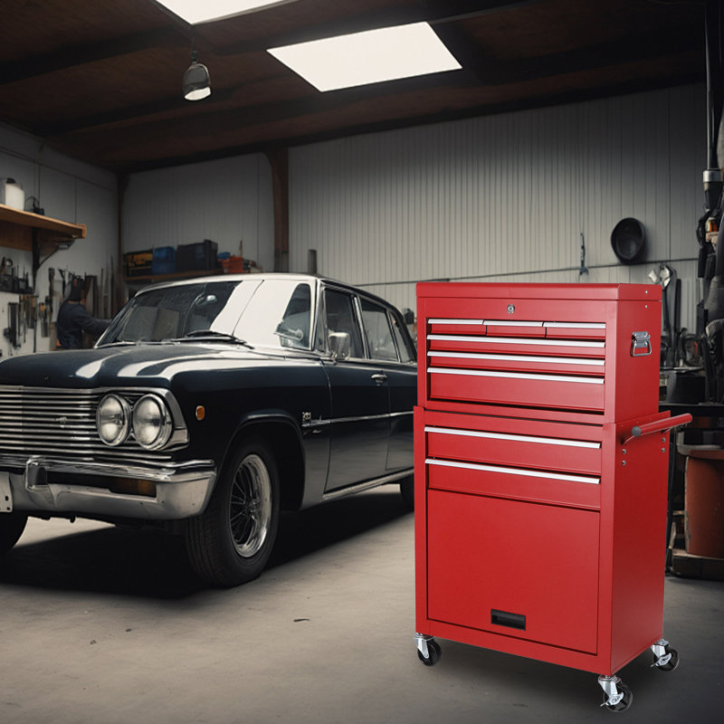 Coffre à outils, armoire de rangement à outils à 8 tiroirs avec coffre à outils amovible 2 en 1, doublure, roues verrouillables, crochets latéraux, chariot à outils en métal pour le garage