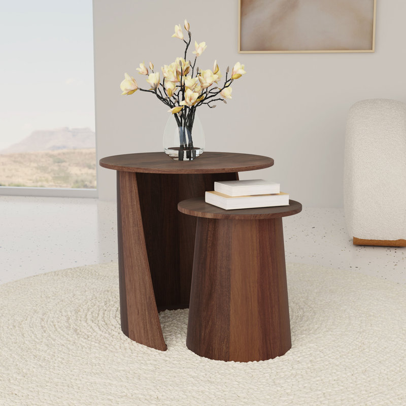 Ensemble de 2 tables gigognes rondes en bois de manguier brun foncé Yency