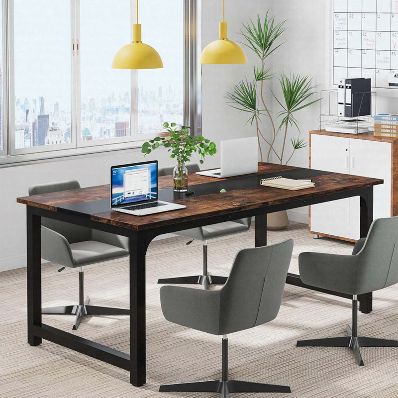 Bureau d'ordinateur moderne 63 po avec poste de travail industriel robuste, Brun