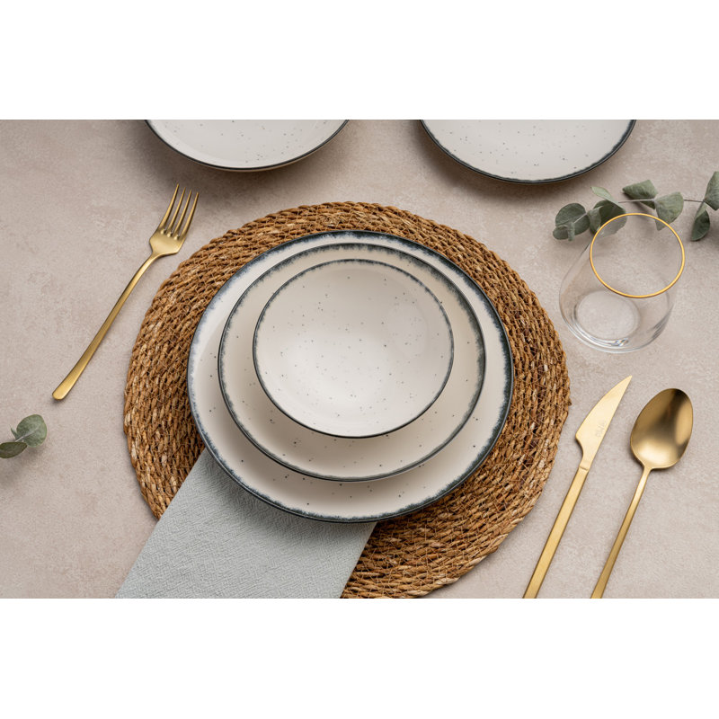 Service de table élégant 24 pièces, 100% porcelaine | Comprend 6 assiettes de service (9,8 x 9,8 x 0,8 po), 6 assiettes (8,3 x 8,3 x 1,8 po), 6 bols (6,3 x 6,3 x 2,0 po), 6 assiettes à dessert (7,5 x 7,5 x 0,8 po) | Va au lave-vaisselle et au micro-on