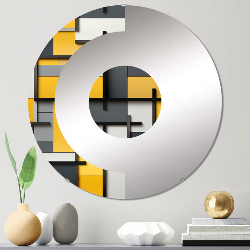 Harmonie de blocs géométriques jaunes et gris - miroir mural demi-cercle, 23,6 po x 23,6 po