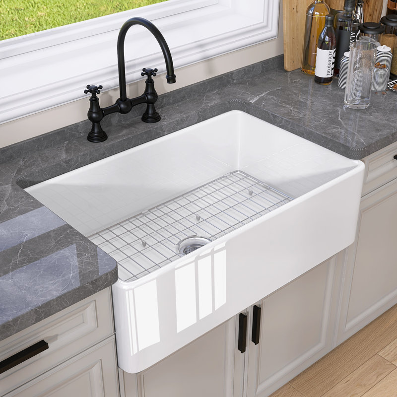 30 in. Fireclay Apron Front Farmhouse Kitchen Sink Single Bowl Farm Sink in White with Grid & Basket Strainer