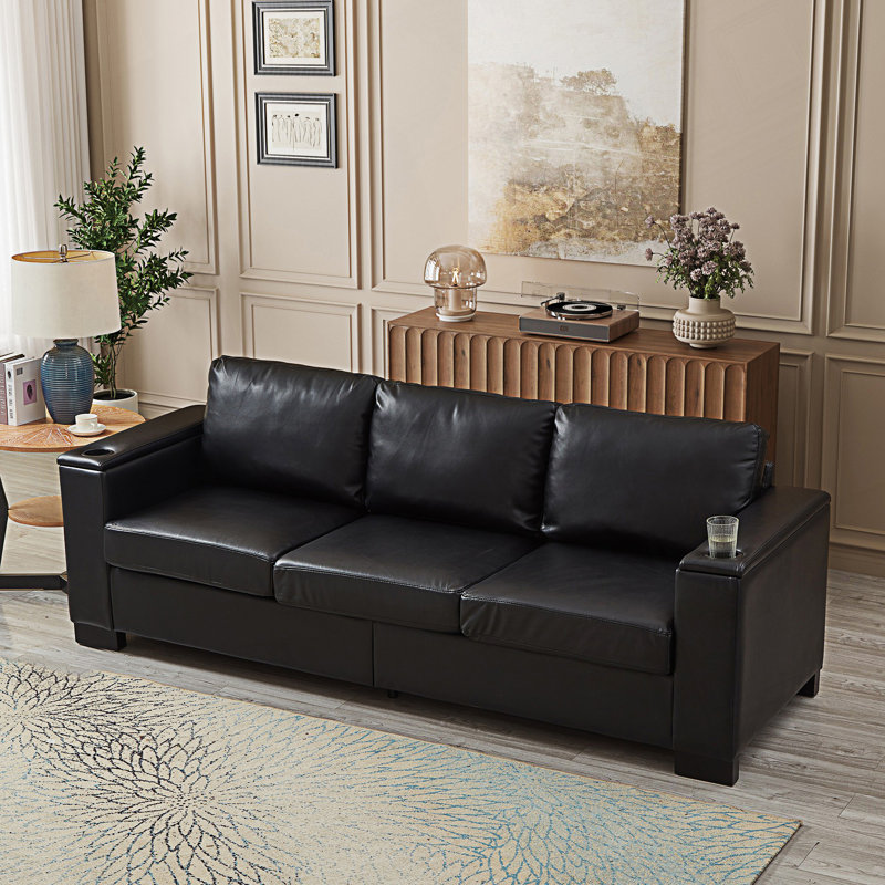 Canapé de style moderne, canapé en similicuir, canapé à accoudoirs carrés avec porte-gobelet, Noir