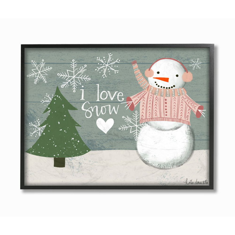 «I Love Snow Snowman», reproduction d'art, H 16 po x l 20 po, Giclée encadrée noir minuit