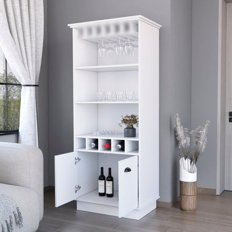 White Bar Cabinet With Storage Options - 3 Shelves, 5 Bottle , Glassware Rack Feature Elegant In For Organized Area, White
