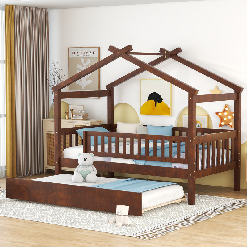 Wooden House Bed With  Trundle, Walnut