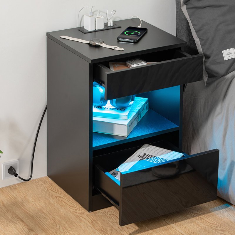 Breslyn Manufactured Wood Nightstand with Charging Station, LED Light and Shelf, Black