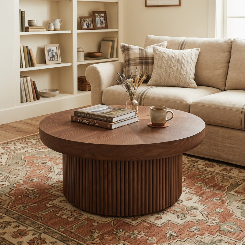 Table basse 33,5 "Mid-Century avec base cylindrique, table basse ronde cannelée avec plateau épaissi, Noyer