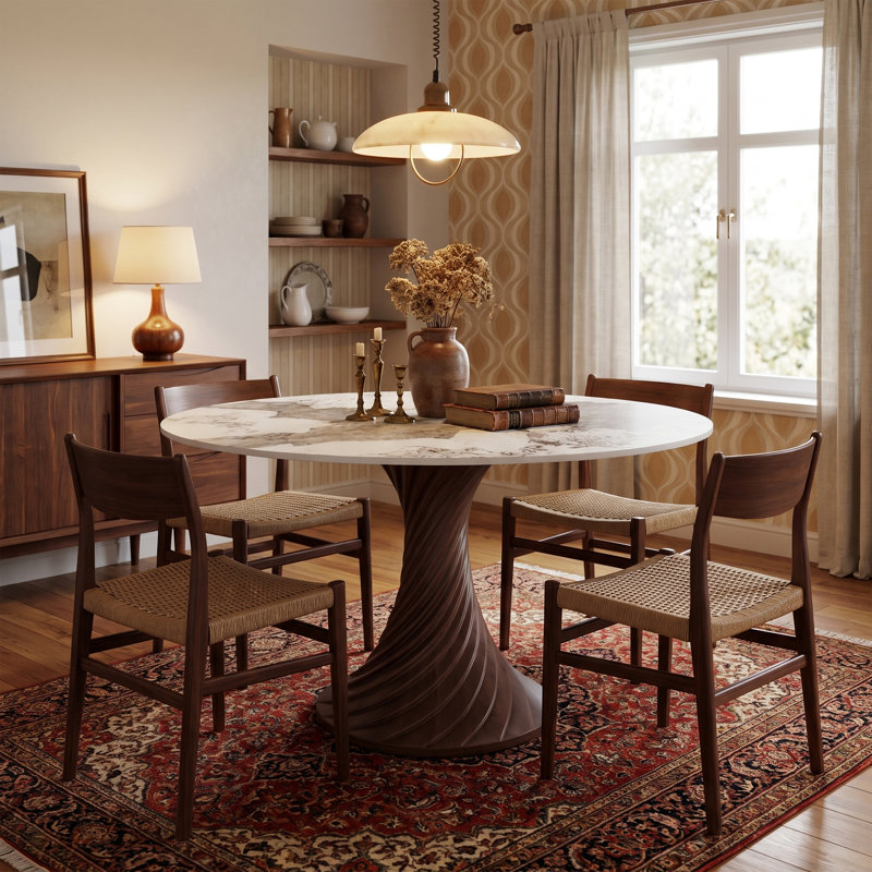 Table de salle à manger Modern, 29.5" H x 47" W x 47" D, Glossy Ink-wash / Dark Walnut