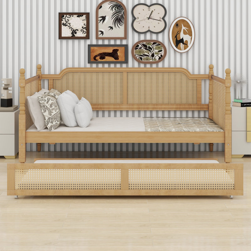 Minimalist Rattan Daybed with Trundle, Antique Walnut