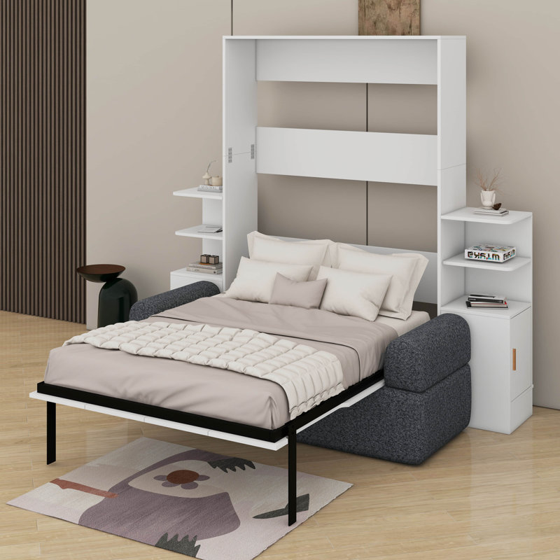 Lit escamotable avec canapé Murphy, cadre de lit mural peu encombrant avec armoires de rangement, White/Grey