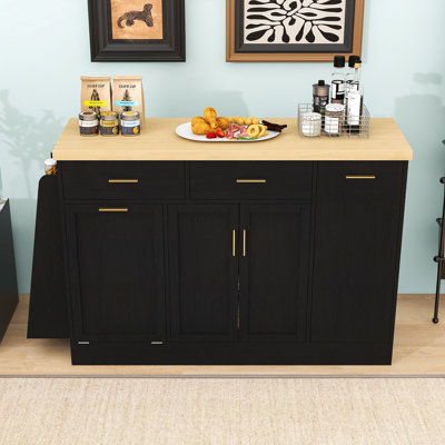 Kitchen Island Table with Trash Can Storage, Adjustable Shelves and 3-Tier Spice Rack