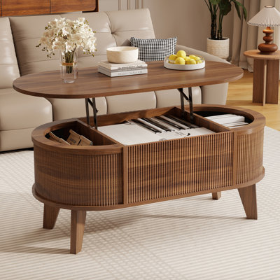 Table basse à plateau relevable avec rangement Lyra, table basse ovale en bois moderne, table basse en noyer pour le salon, l 38,6 po x P 18,9 po x H 18,5 po