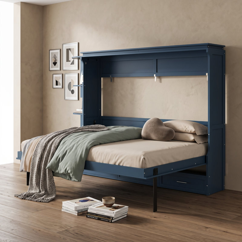 Lit escamotable 3 tiroirs avec tablettes latérales, Bleu, Lit double