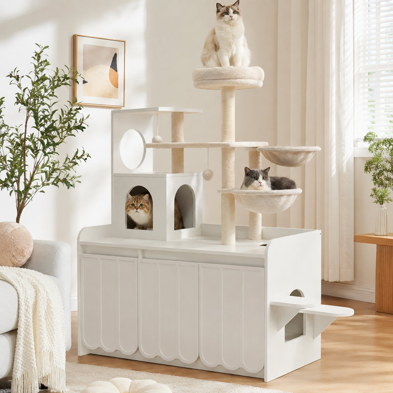 Arbre à chat avec bac à litière caché, tour pour chat à plusieurs niveaux avec poteaux à griffer en sisal, hamac double, condo et perchoir supérieur