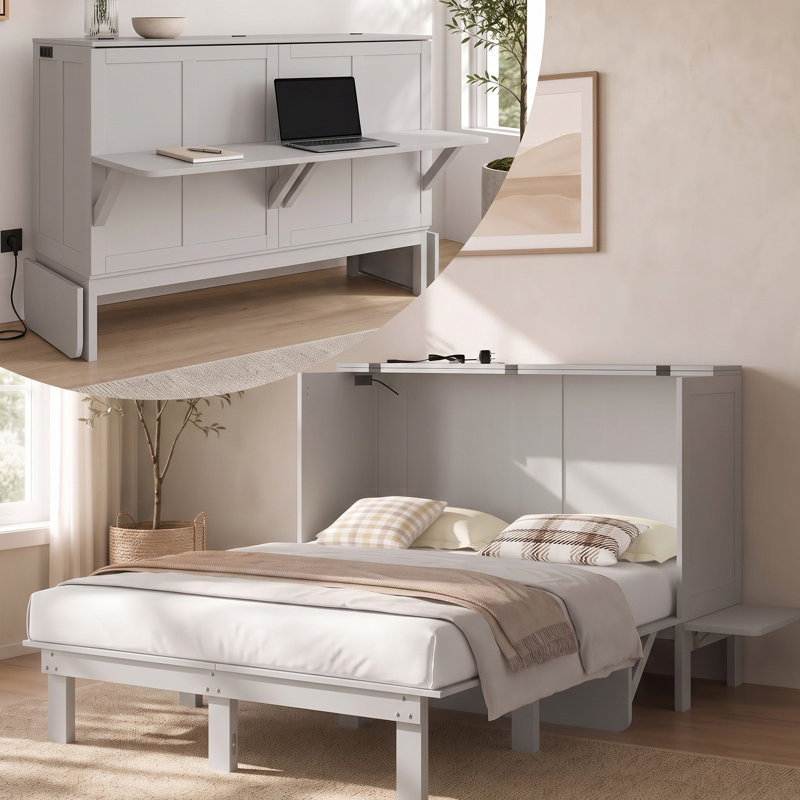 Lit escamotable 2 en 1 avec bureau escamotable, Gris clair