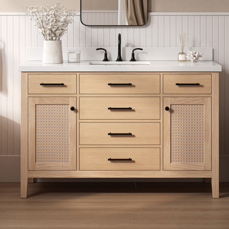 Broeder Single Sink Bathroom Vanity with Pure White Quartz Top, Rectangular, 55"