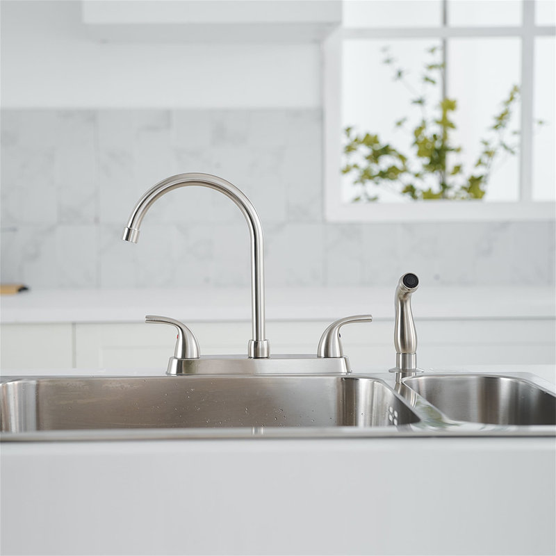 4-Hole Kitchen Faucet With Side Sprayer Double Handle Kitchen Sink Faucets Brass High Arc Kitchen Basin Taps With Swivel Spout